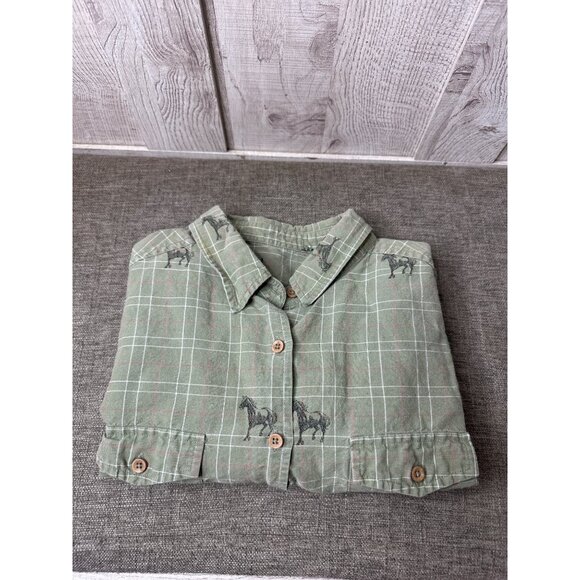 Womens Button Down Short Sleeve Green Shirt Size Large Western Horse Print - Picture 3 of 6